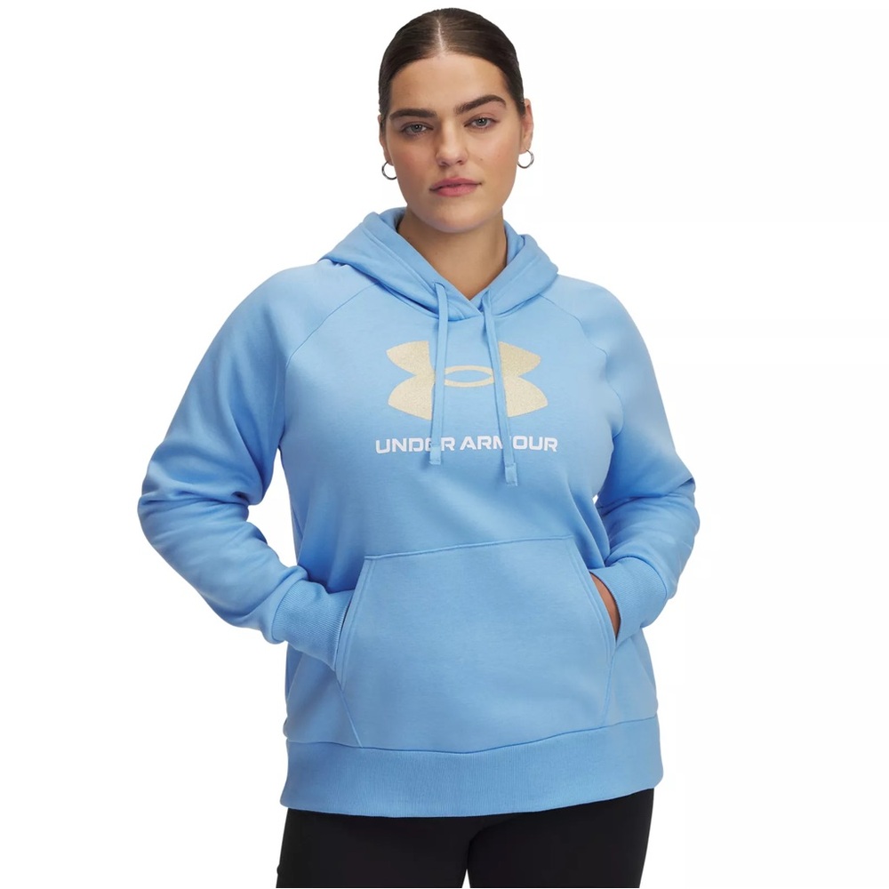 NWT Under Armour Women's Sweatshirt Light Blue Hoodie Gold Logo Sporty Size M